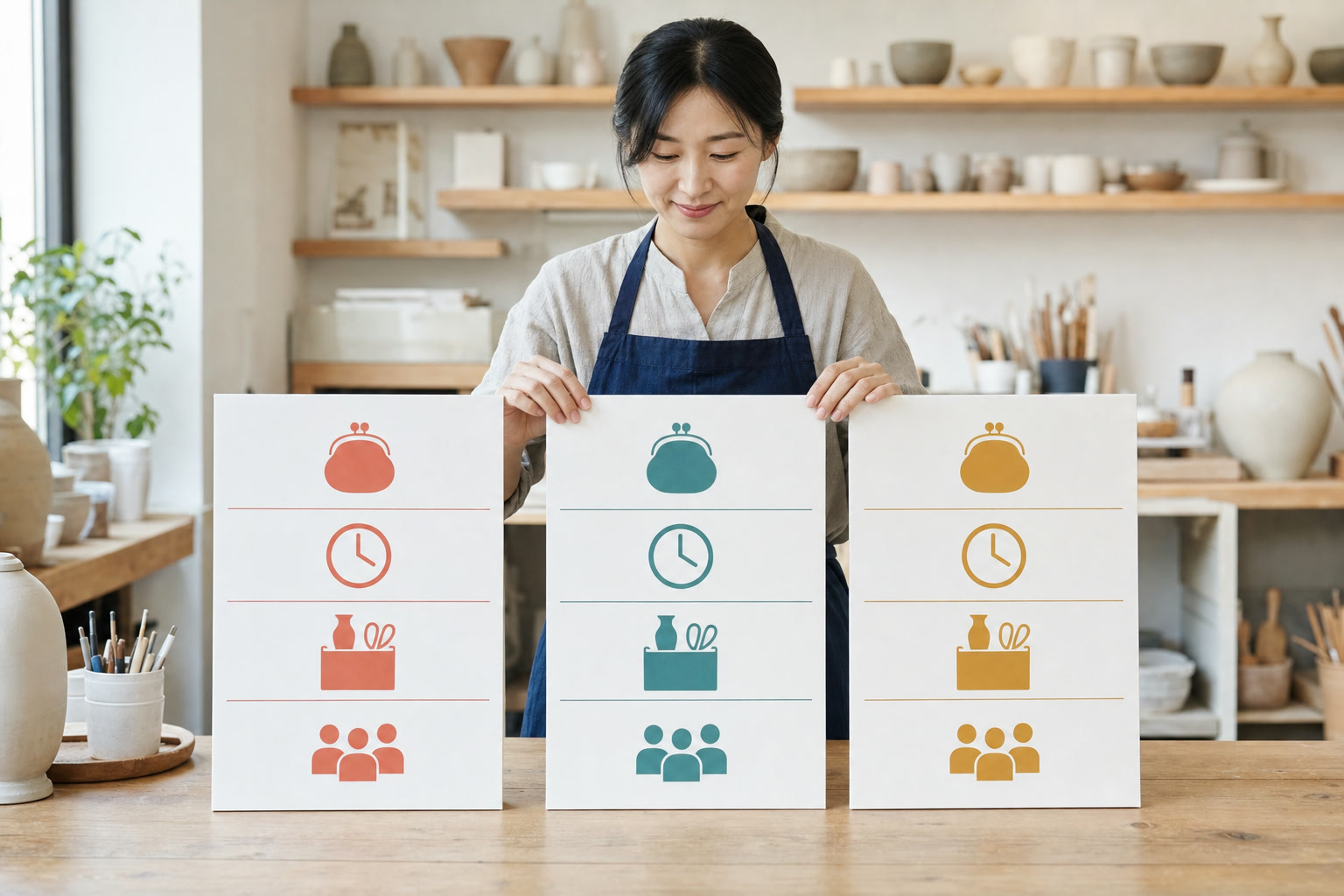 한국의 자영업자가 세 가지 서비스 옵션을 가격 시간 포함 내용 변경 조건이 같은 위치에 놓인 비교 보드로 정리하는 장면