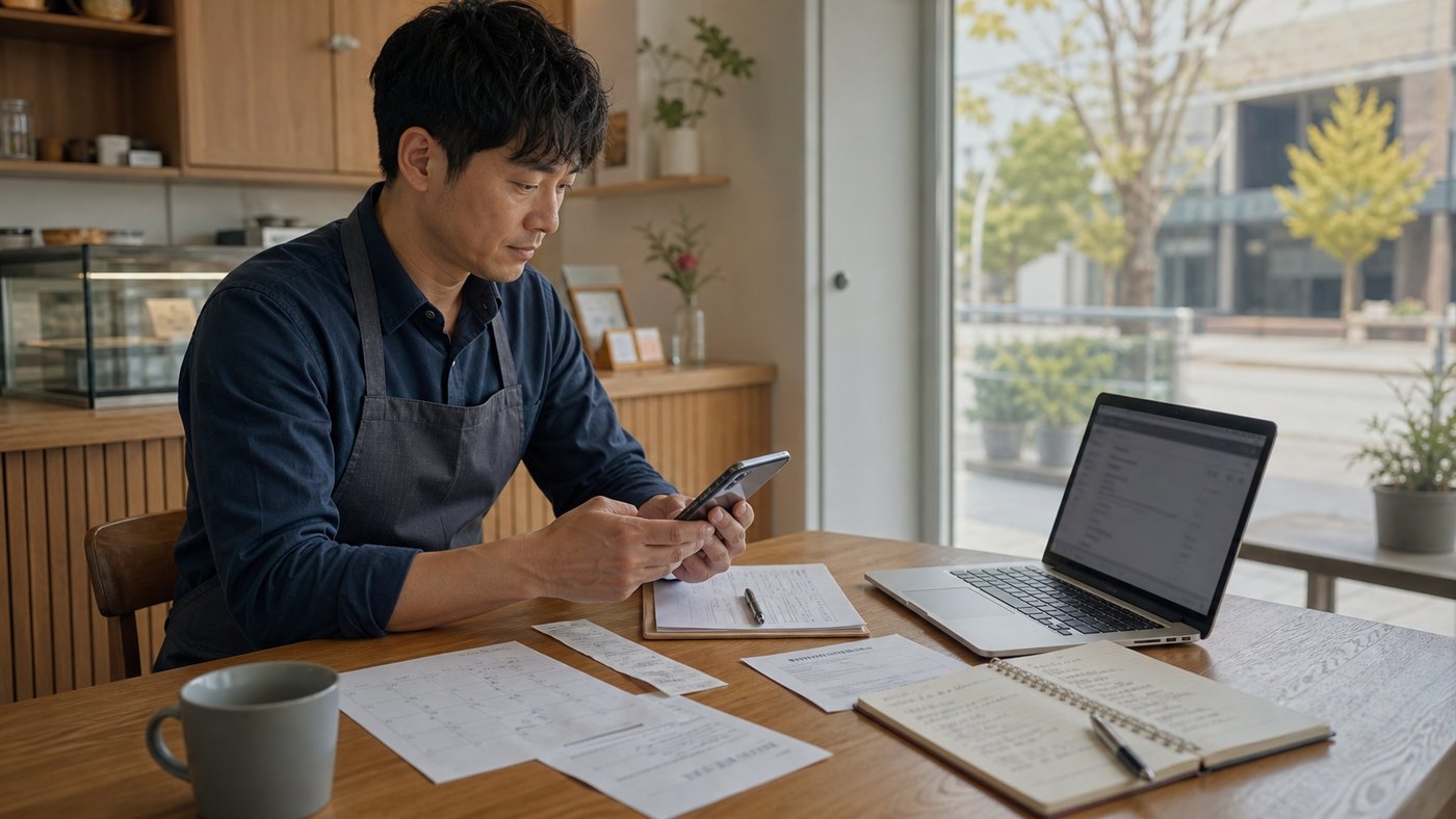 사장님이 영수증, 예약 기록, 직원 메모, 답글 초안을 정리하며 리뷰 신고 자료를 준비하는 모습