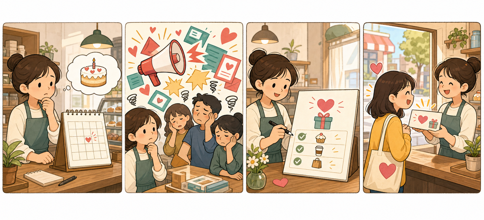 생일 쿠폰 문자를 강한 할인 광고 대신 축하와 사용 안내 중심으로 바꾸는 4컷 만화