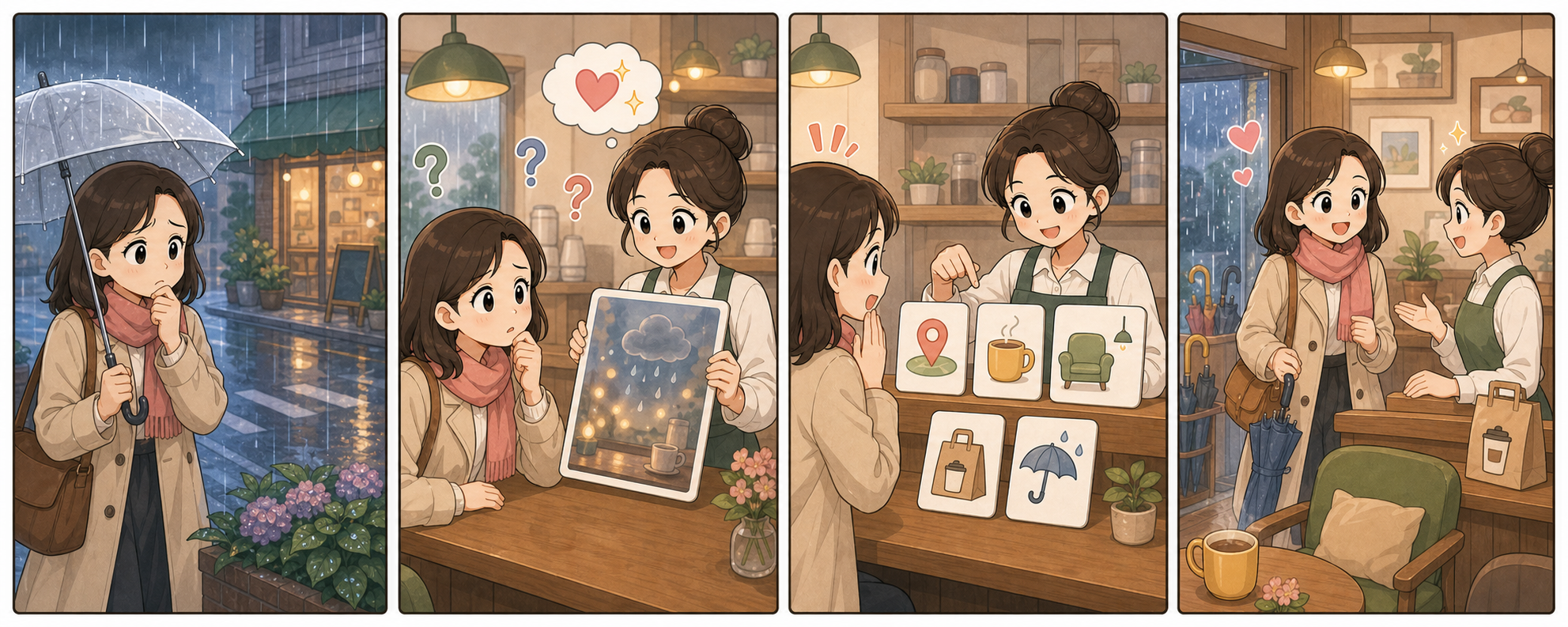 비 오는 날 카페 사장님이 감성 문구보다 가까운 위치와 따뜻한 메뉴, 좌석과 포장 가능 여부를 안내하는 4컷 만화