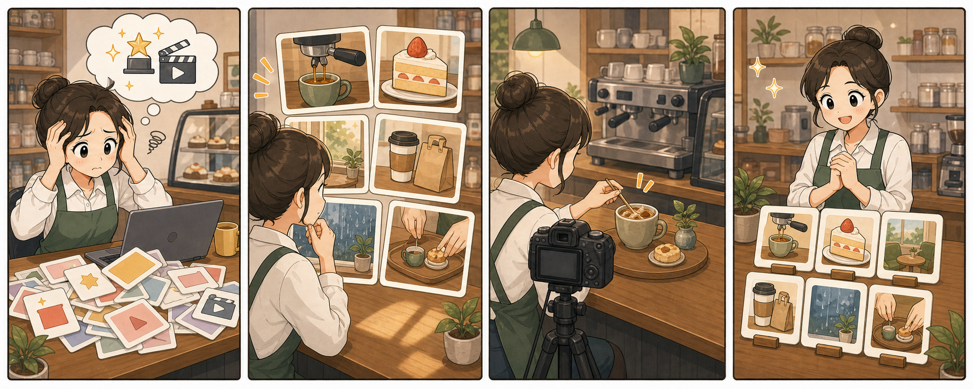 카페 사장님이 대표 음료와 디저트, 좌석, 포장 장면 중 하나를 골라 릴스를 준비하는 4컷 만화