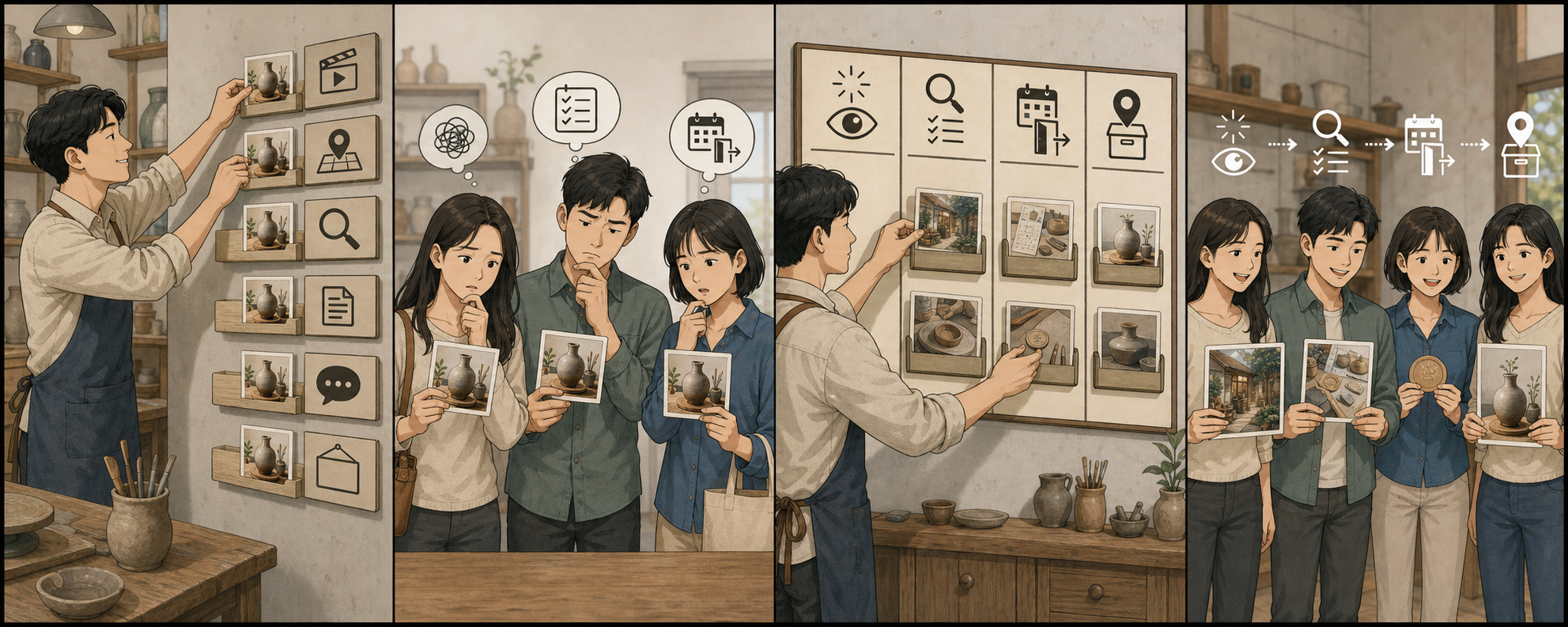 한국의 가게 사장님이 같은 행사 포스터를 모든 채널에 동시에 올렸다가 고객이 다음 정보를 찾지 못하고 발견 확인 행동 종료 순서로 다시 배치하는 4컷 만화