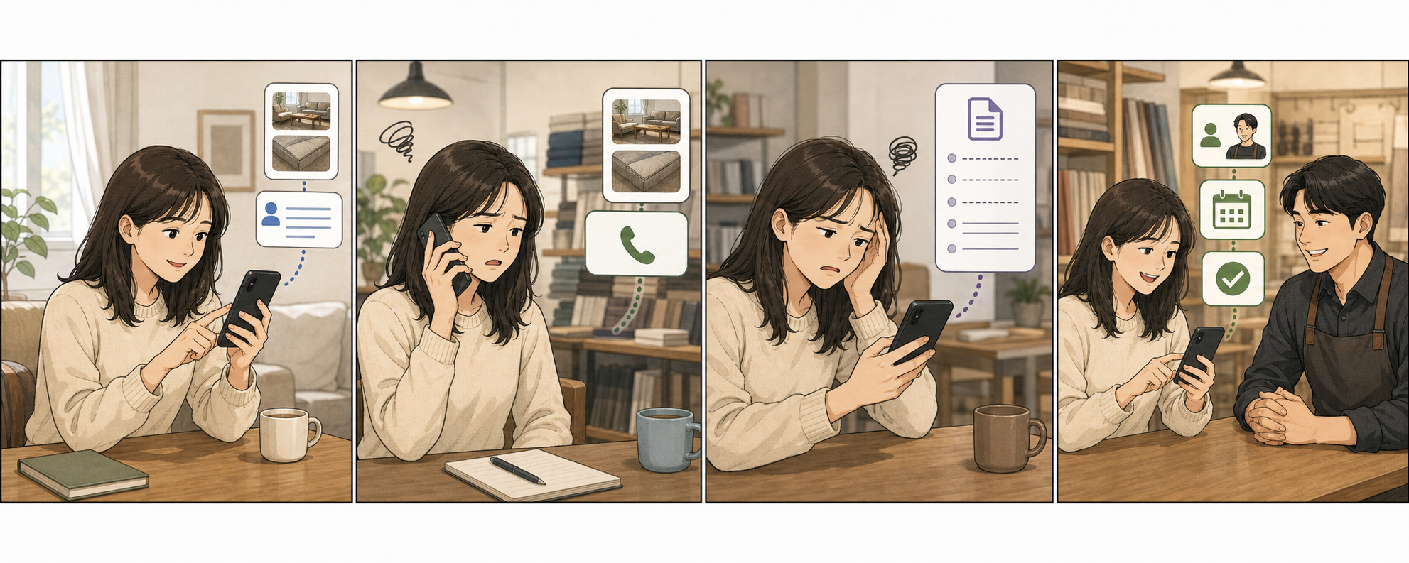 손님이 인스타그램 DM, 전화, 예약 화면을 옮길 때마다 같은 설명을 반복하다 지치고 사장님이 문의 요약을 연결해 한 번에 예약을 마치는 4컷 만화