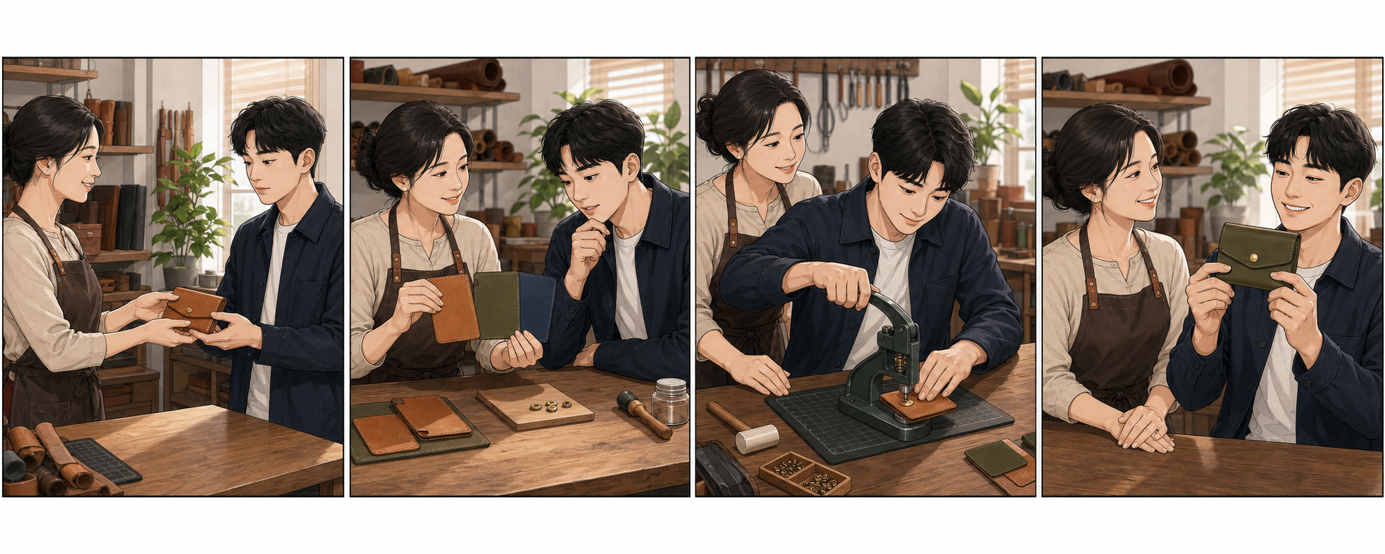 완제품만 건네던 공방 사장님이 손님에게 마지막 장식을 직접 완성하게 하고 손님이 자기 작품에 애착을 느끼는 4컷 만화