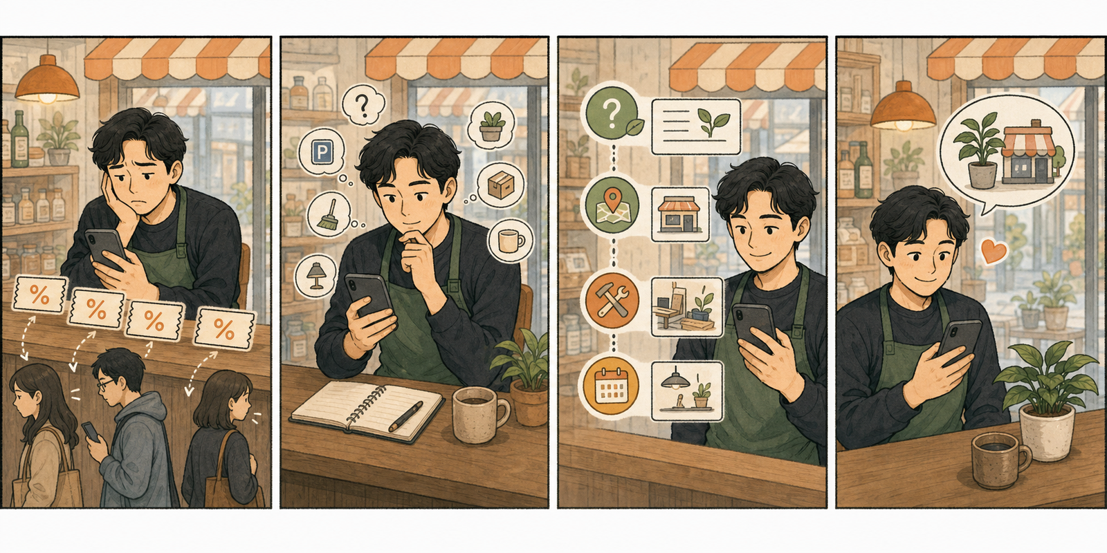 매주 할인 글만 올리던 가게가 질문 해결과 이용 안내 중심의 당근 비즈프로필 소식 루틴을 만드는 4컷 만화