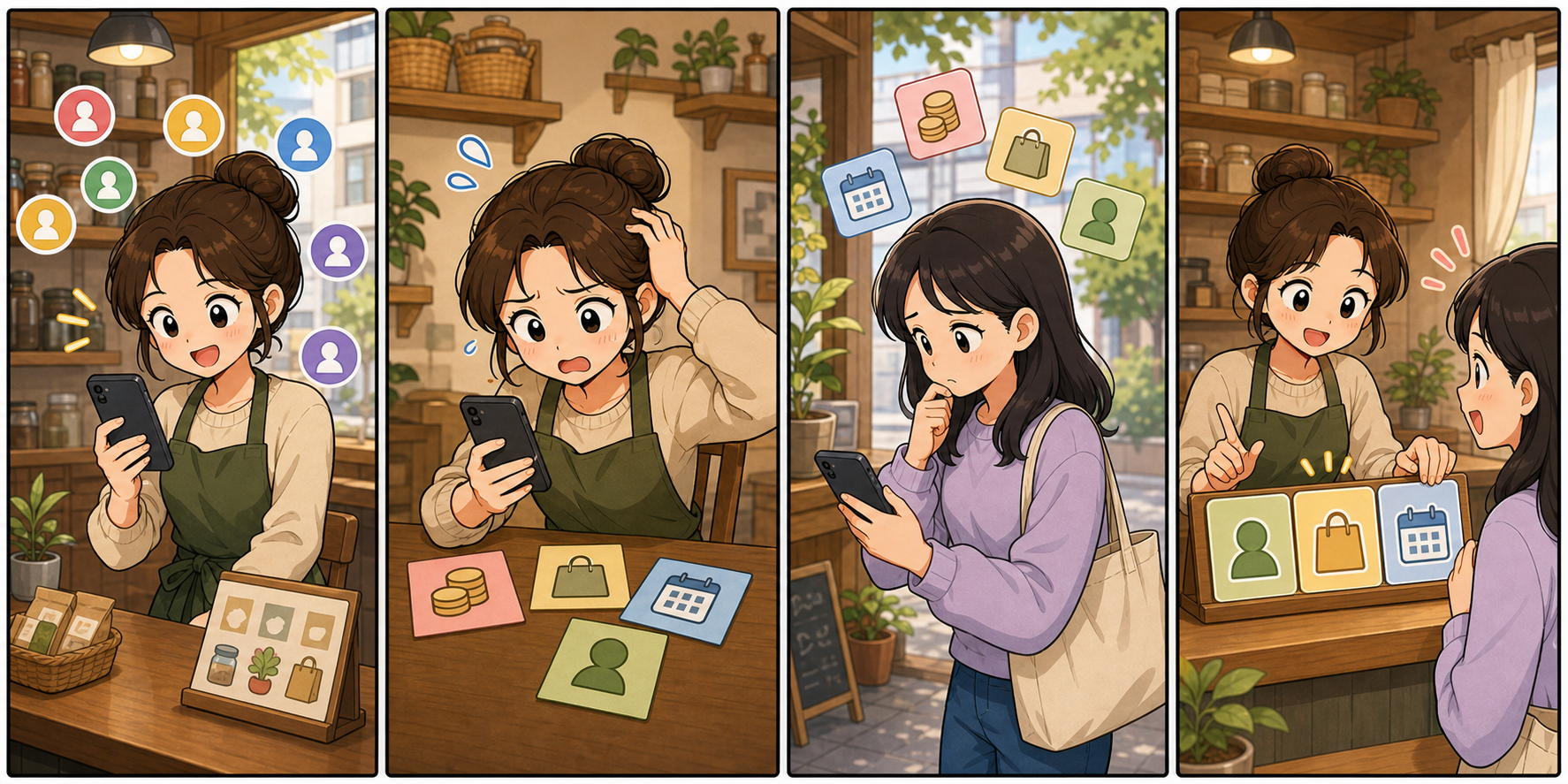 당근 채팅 문의가 많이 오지만 가격만 묻고 사라지는 상황에서 사장님이 첫 답장 구조를 정리하는 4컷 만화