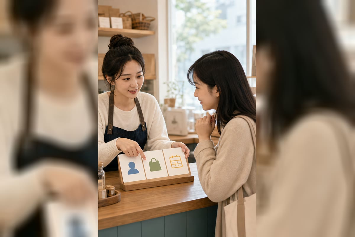 사장님이 손님에게 선택지를 보여주며 당근 채팅 문의를 이어가는 장면