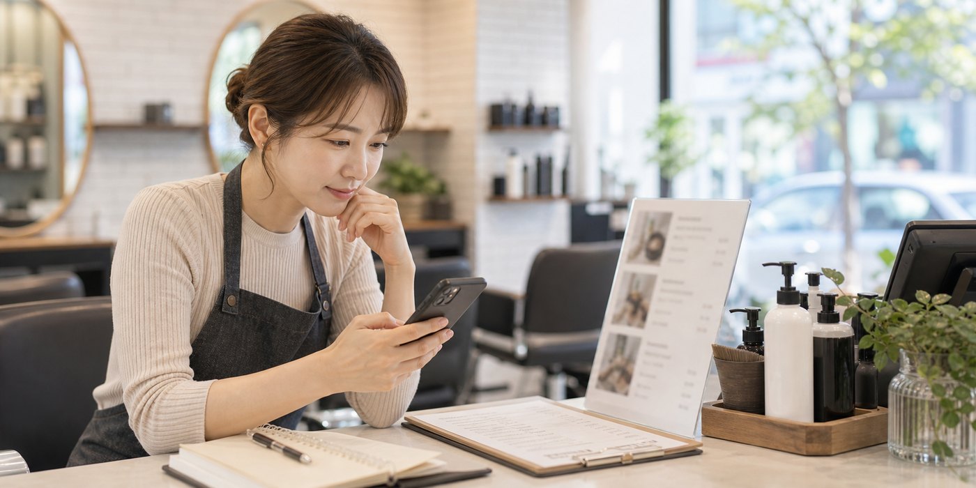 동네 가게 사장이 당근 가격 문의 채팅과 가격표를 함께 확인하는 모습