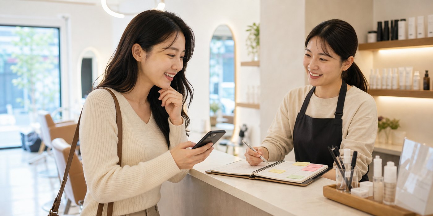 가격 문의 답장 후 손님이 예약 시간을 확인하고 사장이 일정표를 보는 모습