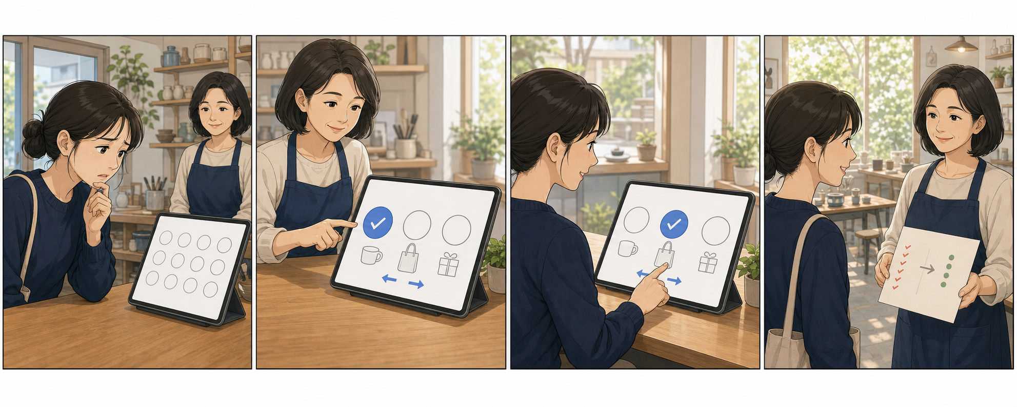 빈 선택지가 많은 예약 화면 앞에서 망설이던 손님이 변경하기 쉬운 기본값을 확인하고 자신에게 맞게 고른 뒤 예약을 마치는 4컷 만화