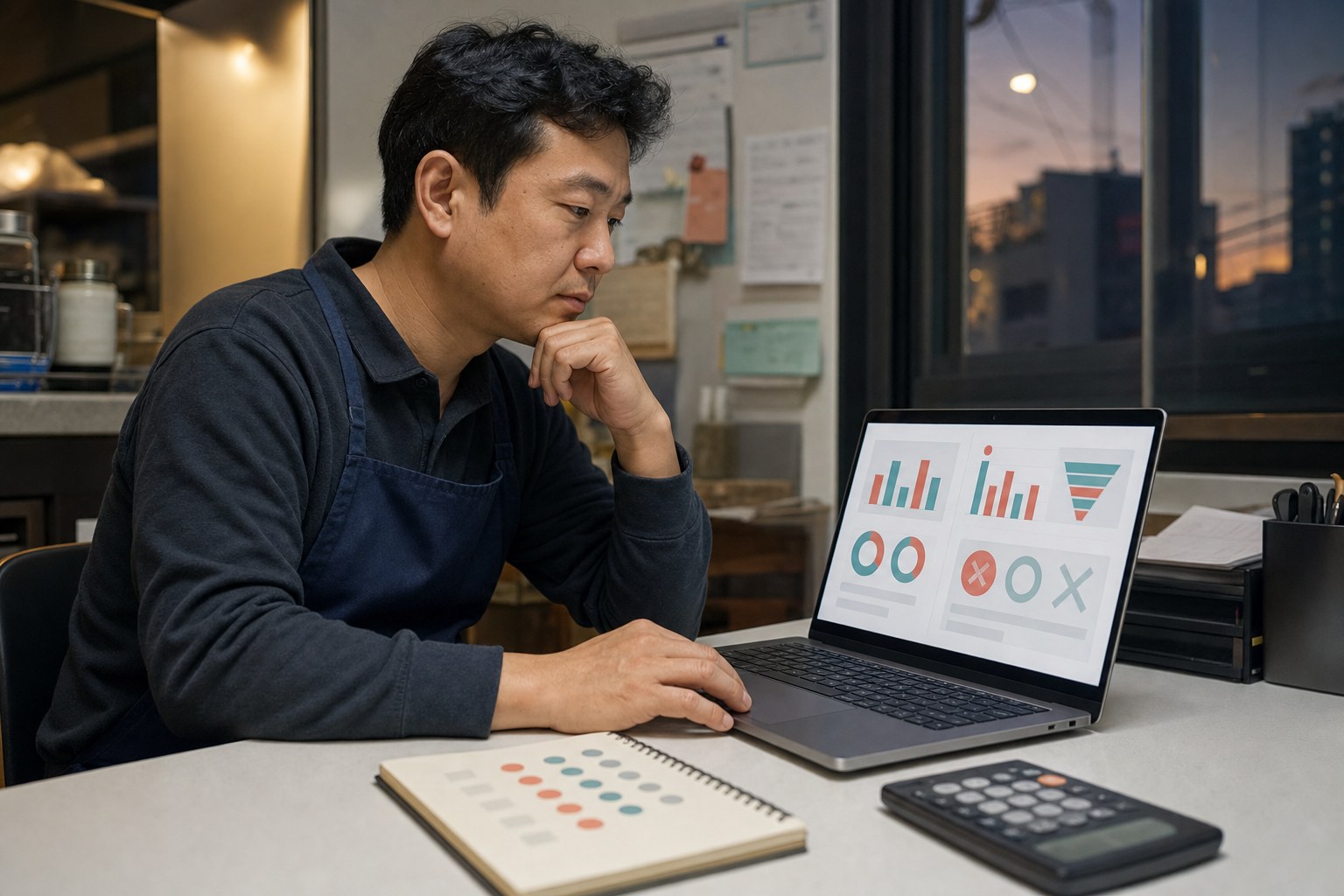 한국의 작은 매장 사장님이 기본값 유지 변경 예약 완료 취소 환불 건수를 종이표와 태블릿 차트로 비교하는 장면