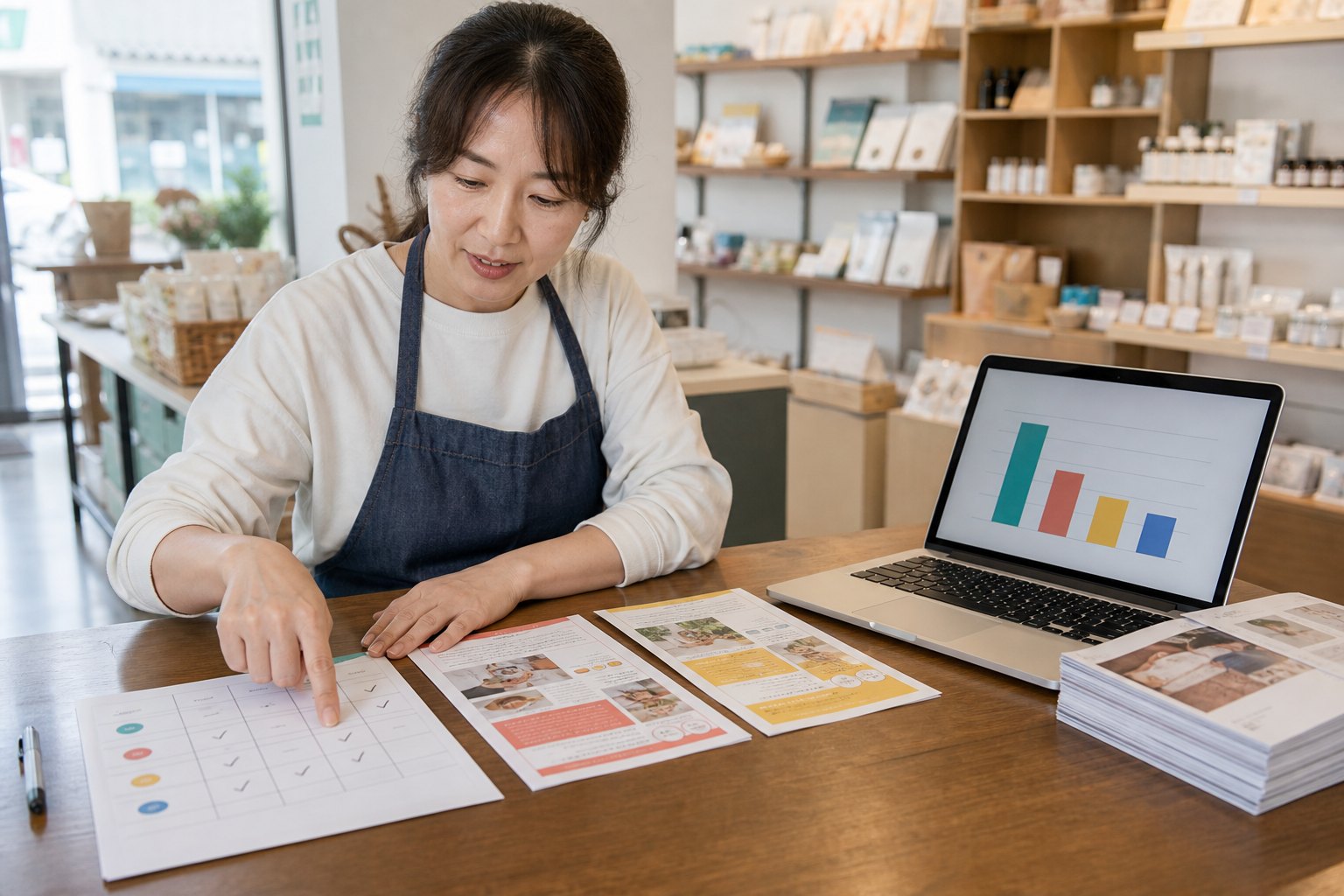 동네 가게 사장님이 배포 위치별 QR 스캔과 문의, 예약 기록표를 보며 다음 인쇄 수량을 정하는 장면
