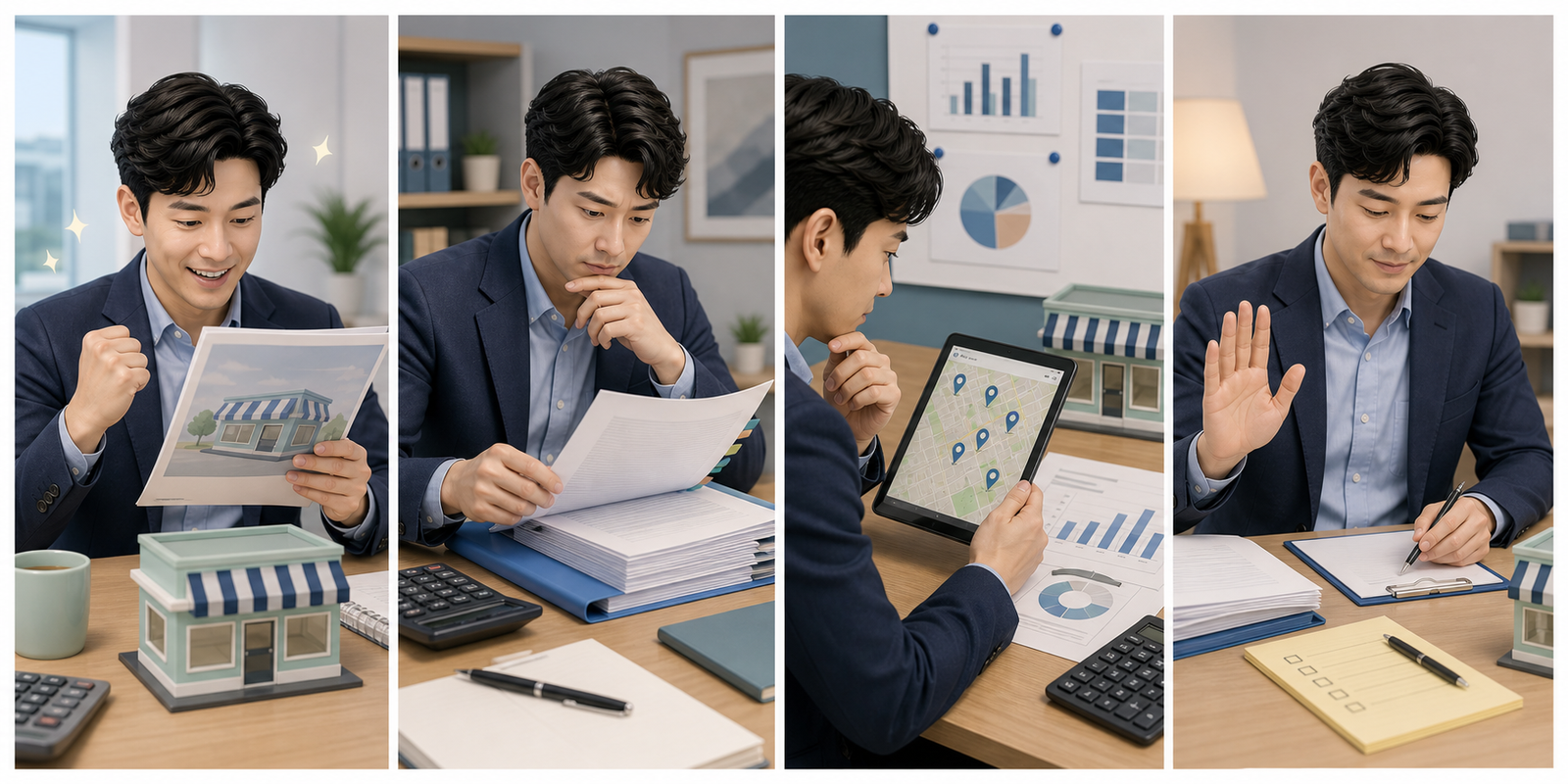 예비 사장님이 프랜차이즈 제안을 받고 정보공개서, 예상매출 근거, 인근가맹점 현황을 확인한 뒤 서명을 미루는 4컷 안내 이미지