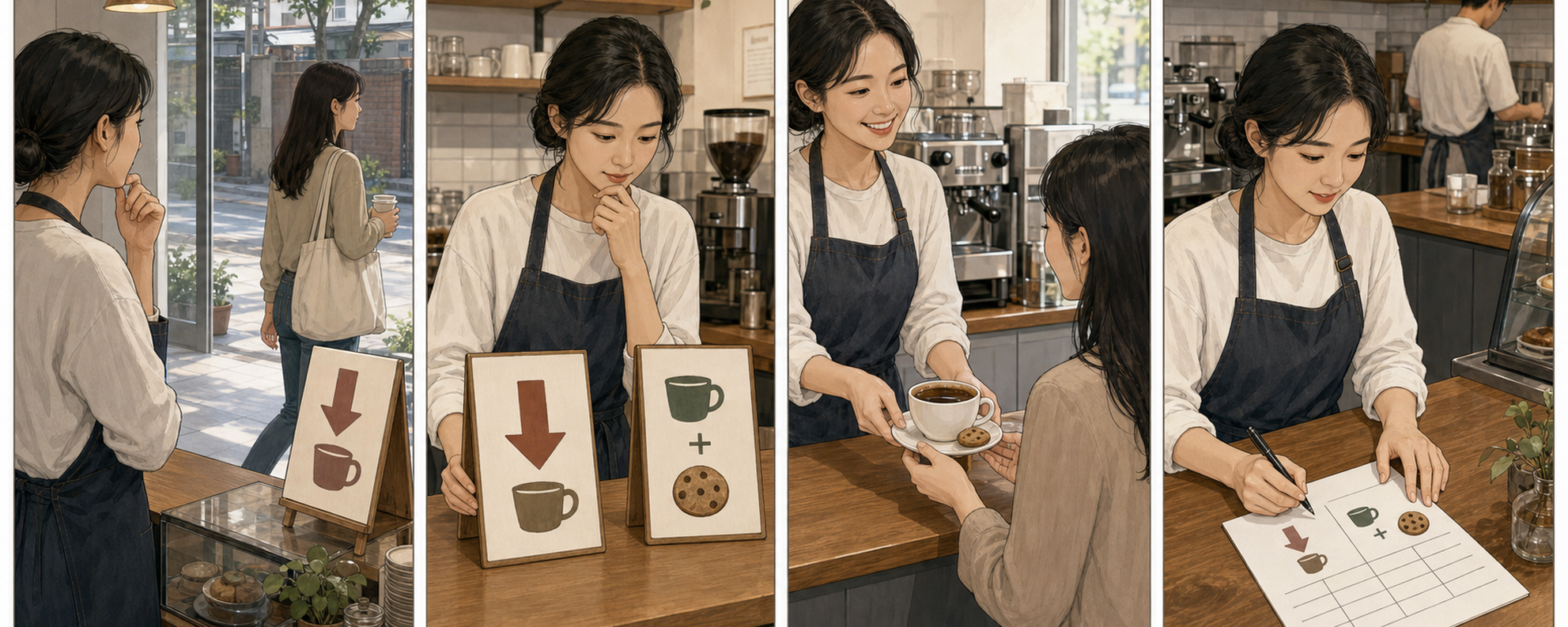 카페 사장님이 할인 안내에 무반응인 고객을 보고 무료 추가 혜택을 별도로 시험한 뒤 주문과 이익을 기록하는 4컷 만화