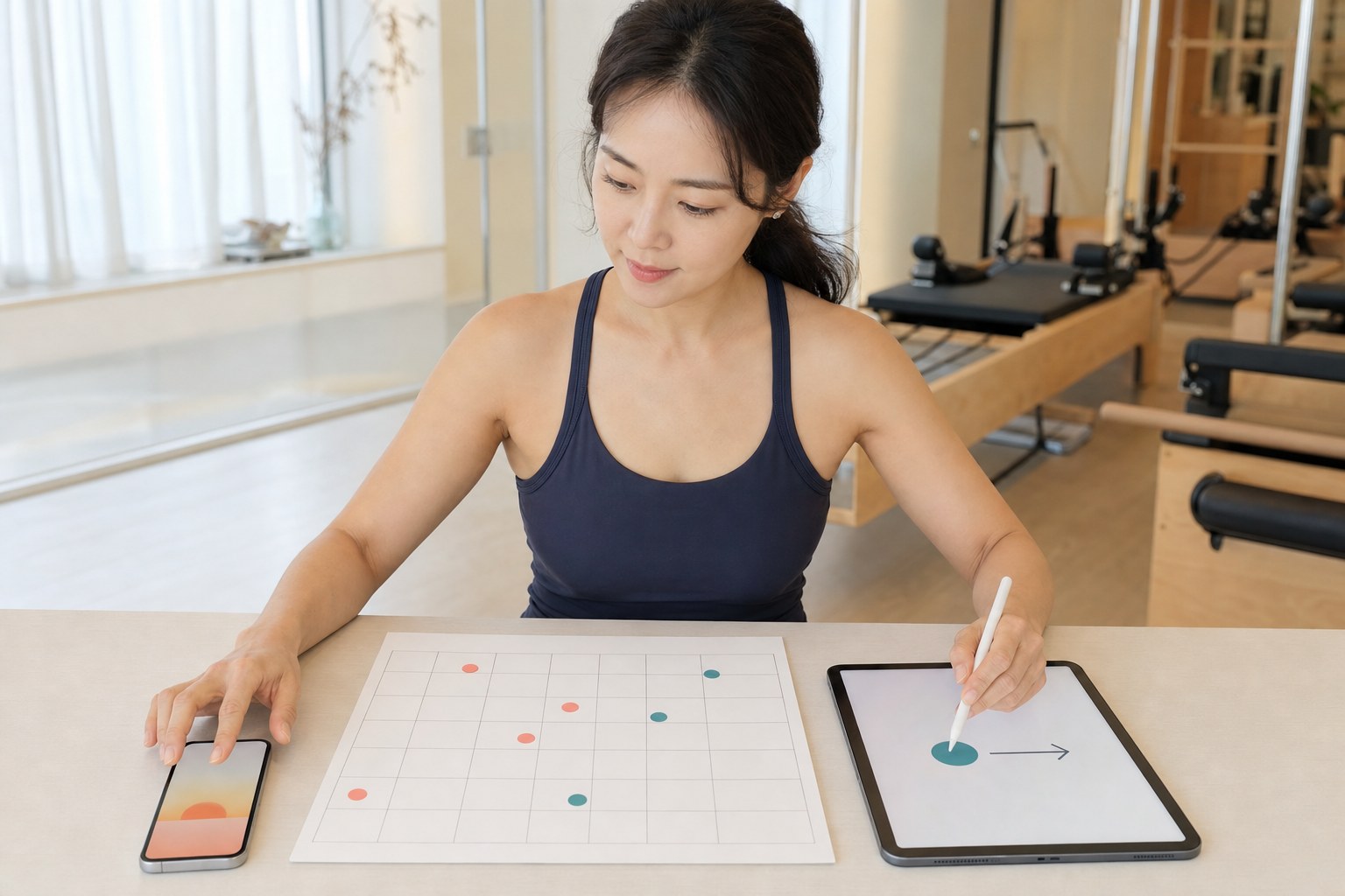 한국의 작은 운동 스튜디오 사장님이 월초 캠페인을 네이버 소식 인스타그램 휴대폰 알림과 매장 달력에 같은 일정으로 배치하는 장면