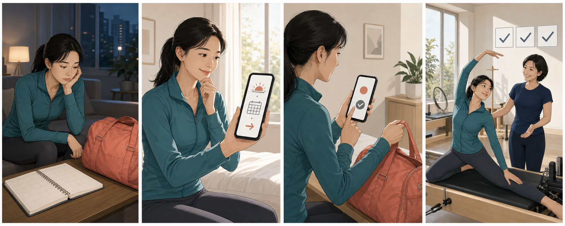 미뤄 둔 운동 가방을 보던 손님이 새 주 시작 안내를 발견하고 체험을 예약한 뒤 일주일 동안 이용을 이어 가는 4컷 만화