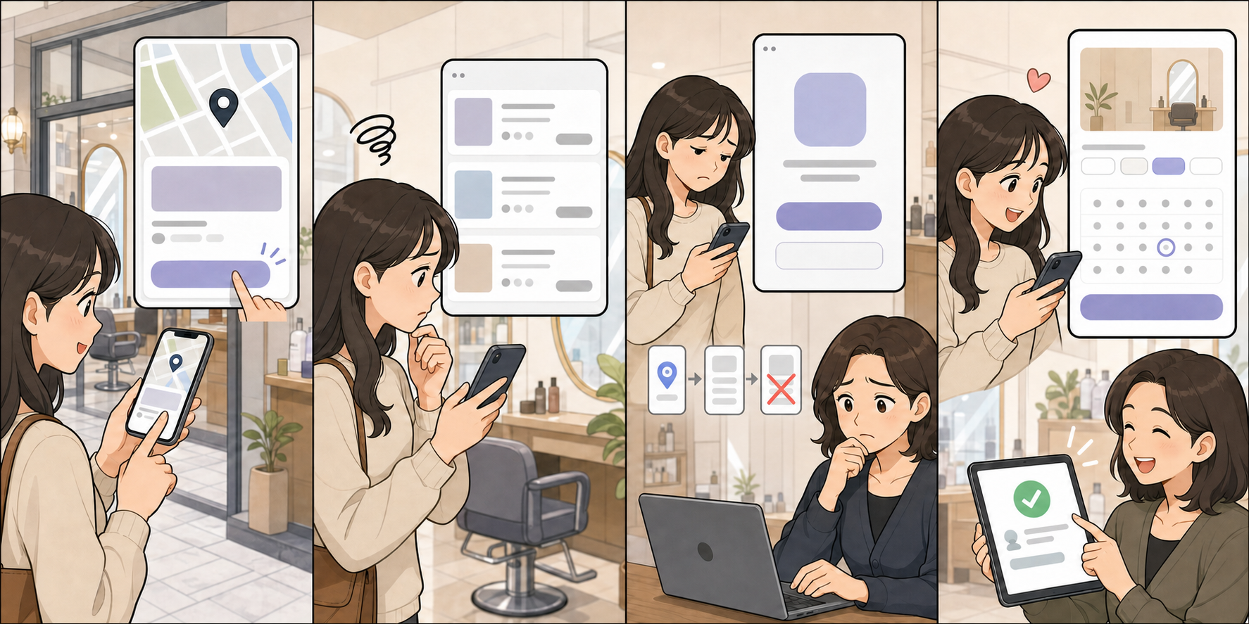 지도에서 예약 버튼을 누른 고객이 엉뚱한 지점과 복잡한 첫 화면 때문에 이탈한 뒤 정확한 지점 예약 화면에서 완료하는 4컷 만화