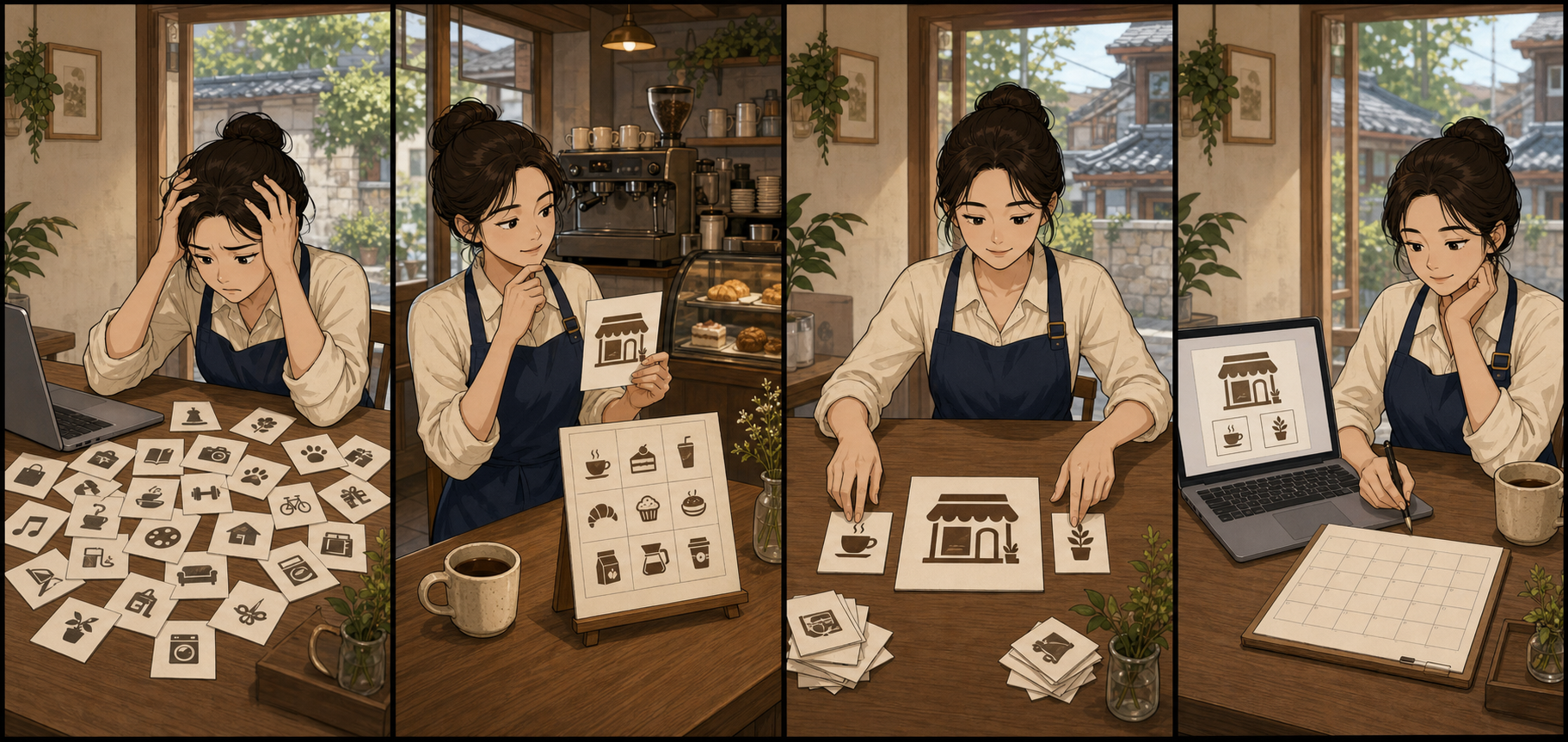 카페 사장님이 판매하는 상품마다 업종을 추가하려다가 실제 주력 업종과 보조 업종을 구분해 프로필을 정리하는 4컷 만화