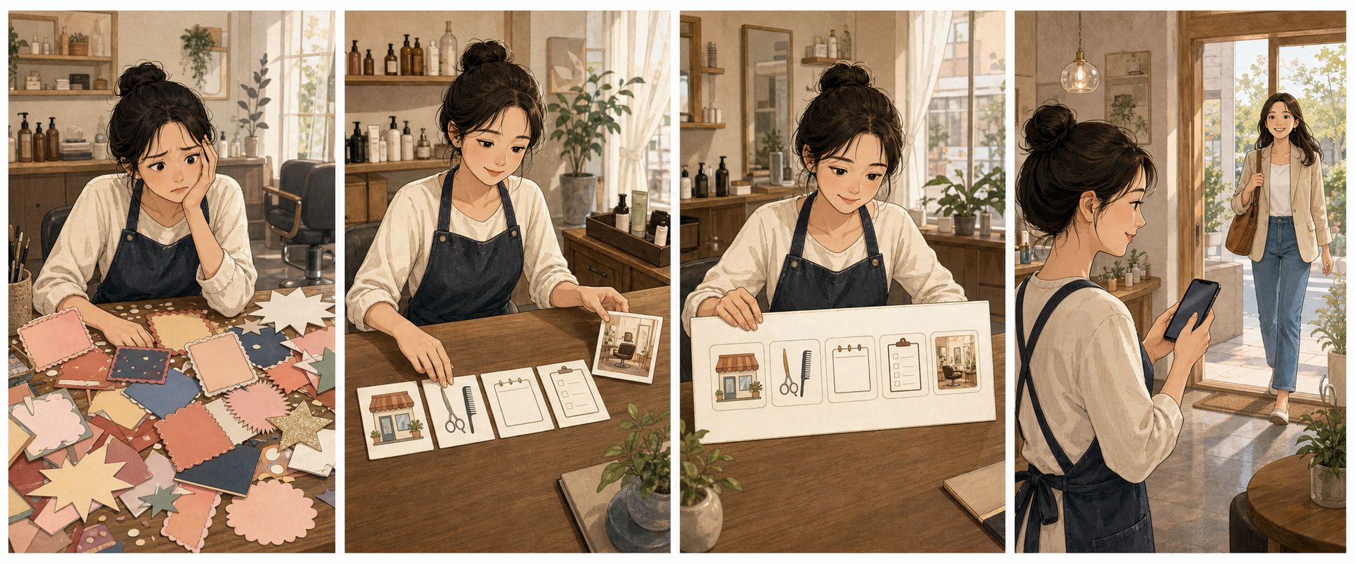 가게 사장이 과장된 광고 문구를 지우고 업종, 대표 서비스, 운영 방식, 방문 전 정보를 차례로 정리하는 4컷 만화