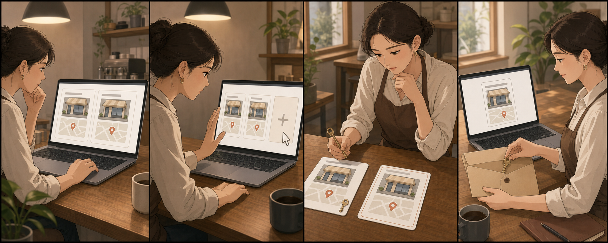 사장님이 지도에서 같은 가게 프로필 두 개를 발견하고 새 프로필을 만들려다 기존 소유권과 중복 상태를 확인해 하나로 정리하는 4컷 만화