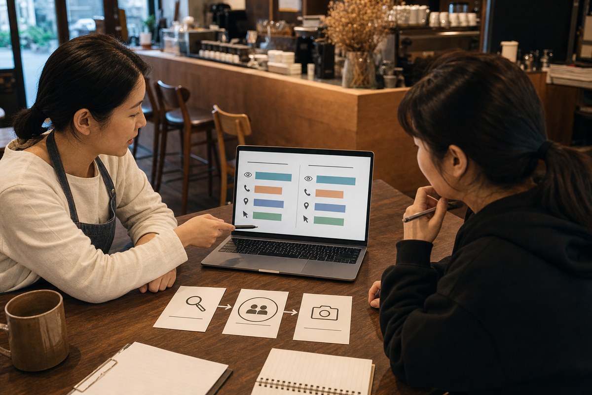 한국의 소상공인 팀이 4주 실적표에 검색어와 전화·길찾기·웹사이트 클릭, 다음 개선 행동을 기록하는 장면