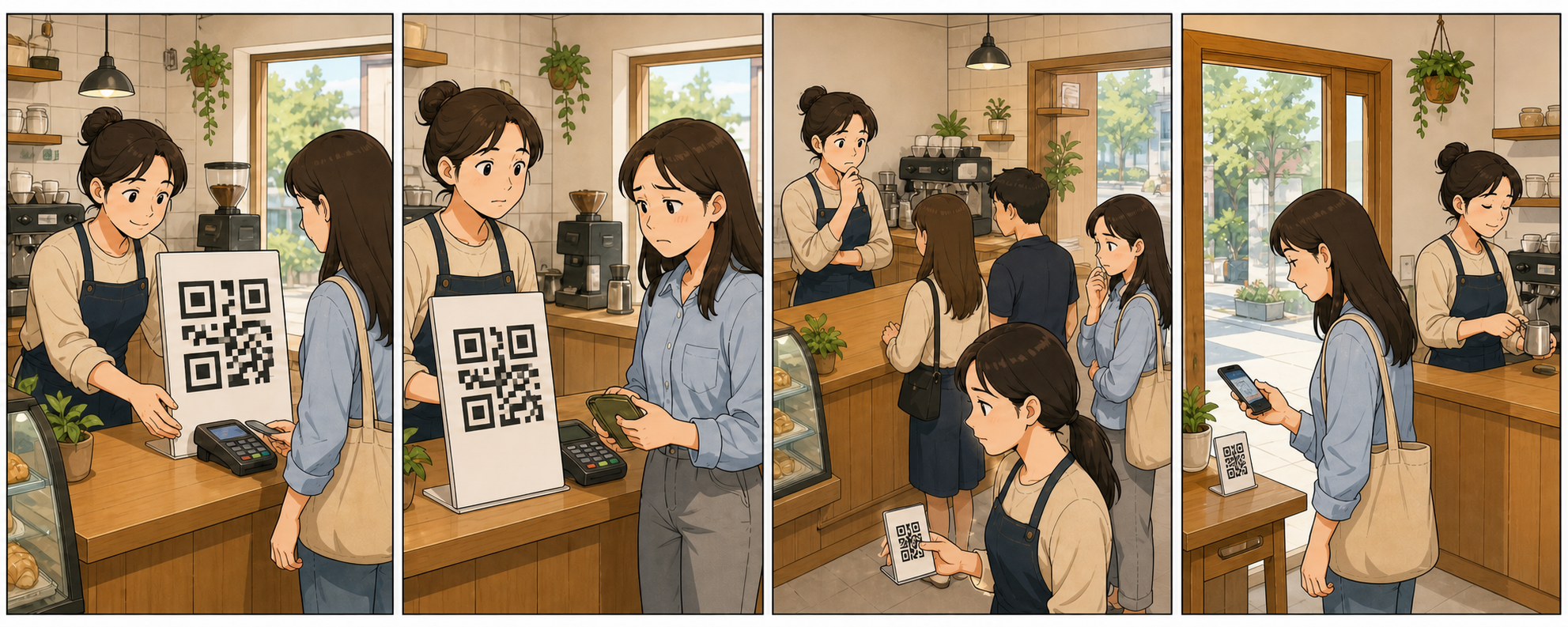 카페 사장님이 계산대의 큰 리뷰 요청문에는 손님이 부담을 느끼는 것을 보고, 퇴장 동선에 작은 QR 안내와 선택권을 남기는 과정을 보여 주는 4컷 만화