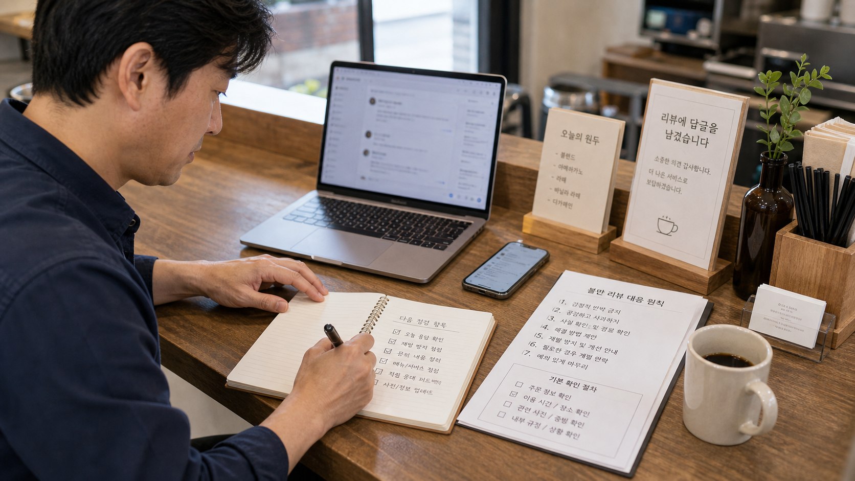 구글 리뷰 답글을 마친 사장님이 불만 리뷰 대응 원칙과 다음 점검 항목을 노트에 적는 모습