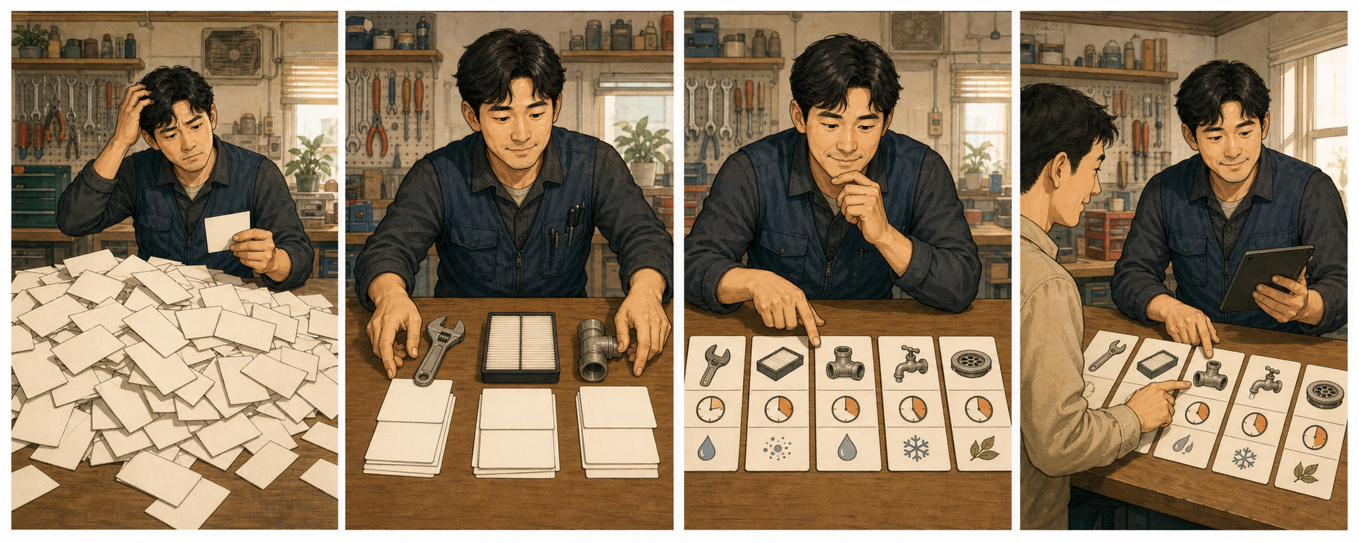 가게 사장이 뒤섞인 서비스 목록을 고객 질문별로 묶고 이름, 설명, 가격을 차례로 정리하는 4컷 만화