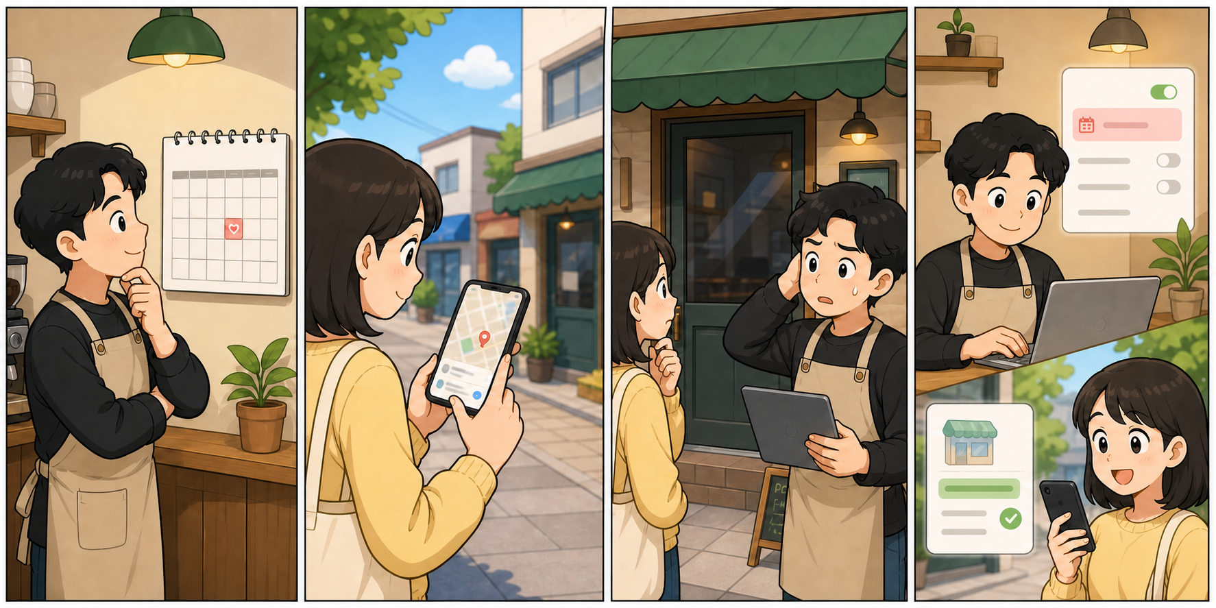 공휴일에 가게를 찾은 손님이 닫힌 문 앞에서 당황한 뒤 사장님이 특별 영업시간을 수정하고 손님이 정확한 시간을 확인하는 4컷 만화
