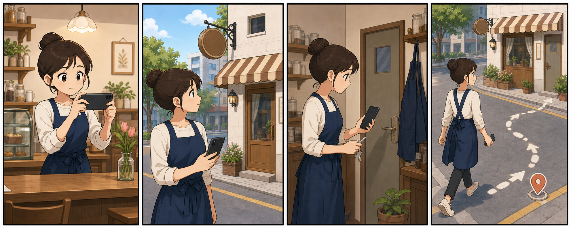 사장님이 준비 없이 인증 영상을 찍다가 필요한 장면을 놓친 뒤 위치와 간판, 관리 권한 순서로 다시 촬영하는 4컷 만화