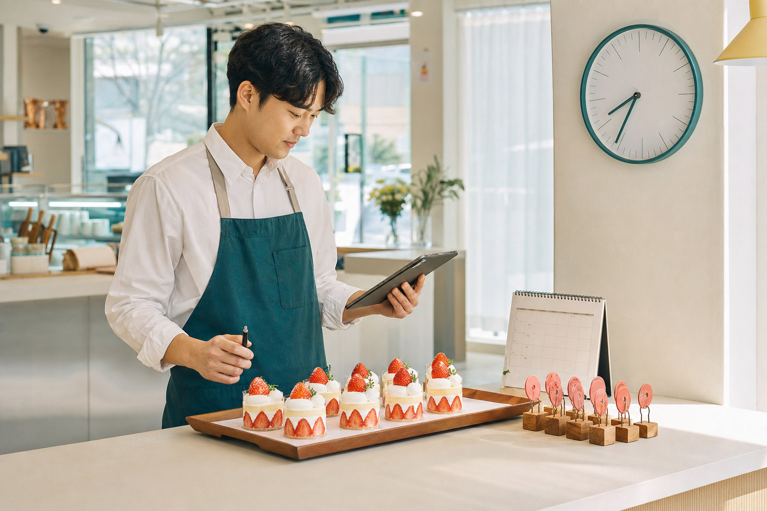 한국의 작은 카페 사장님이 계절 디저트의 실제 생산 수량 예약 수량 집계 시각과 판매 종료 조건을 운영표에 확인하는 장면