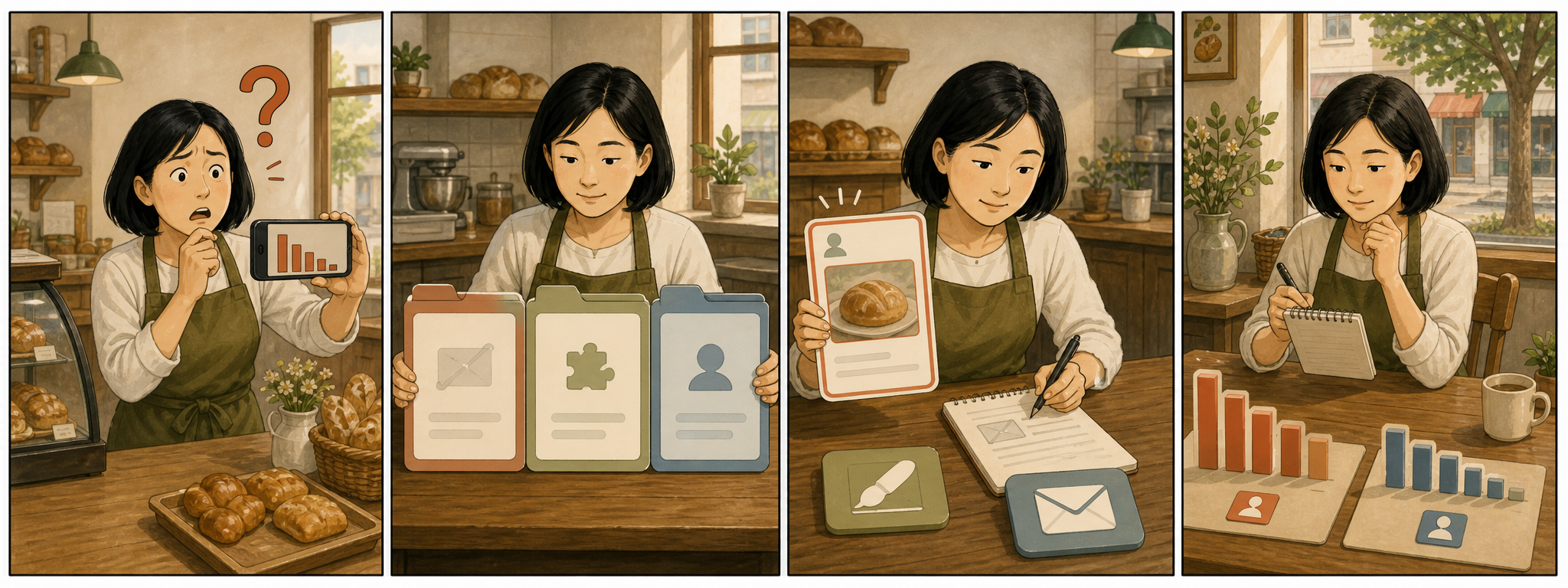 동네 가게 사장님이 인스타그램 도달 하락을 막연히 추측하다 계정 상태와 추천 자격을 확인하고 기록을 남겨 차분히 대응하는 4컷 만화