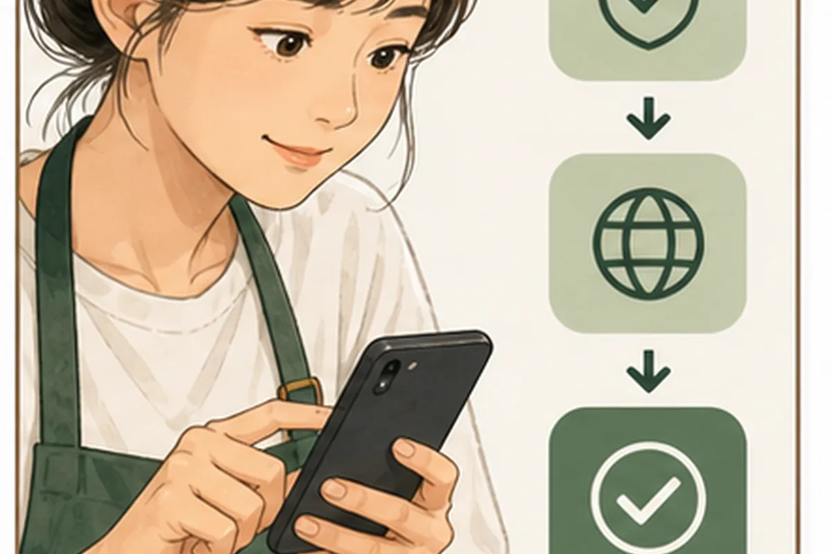 카페 운영자가 휴대전화를 조작하고 옆에는 이용 범위와 확인 단계를 뜻하는 기호가 배치된 일러스트