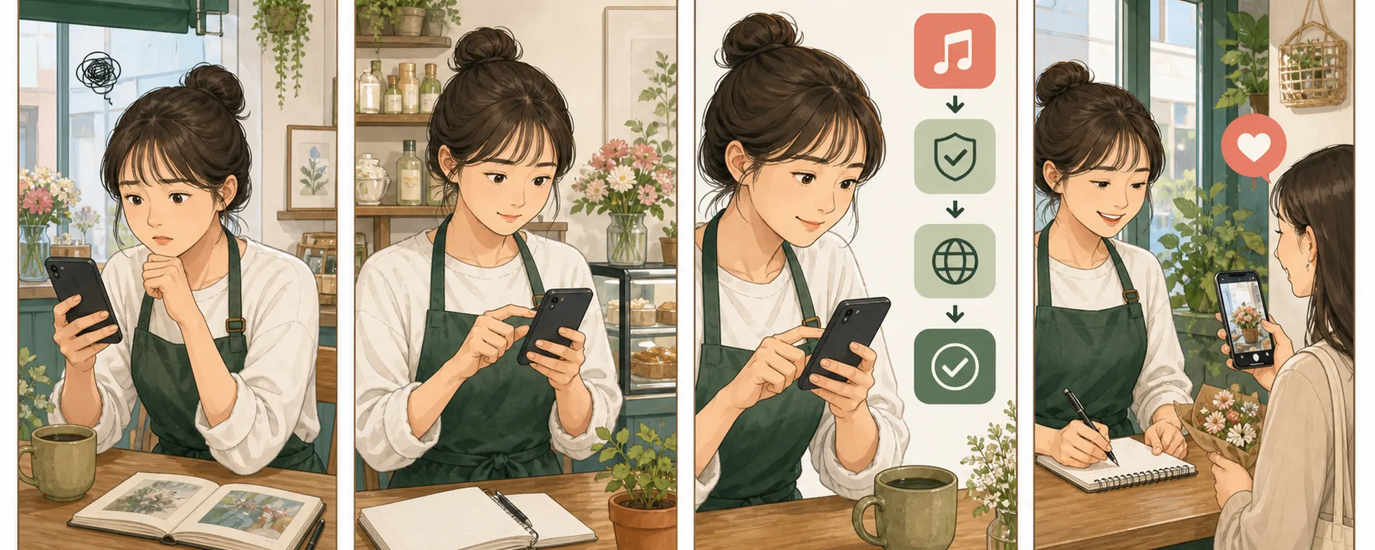 카페 운영자가 휴대전화의 음악 선택에 고민하다 확인 기준을 살펴보고, 음원·이용 범위·게시 결과를 점검한 뒤 촬영 내용을 함께 확인하는 4컷 일러스트