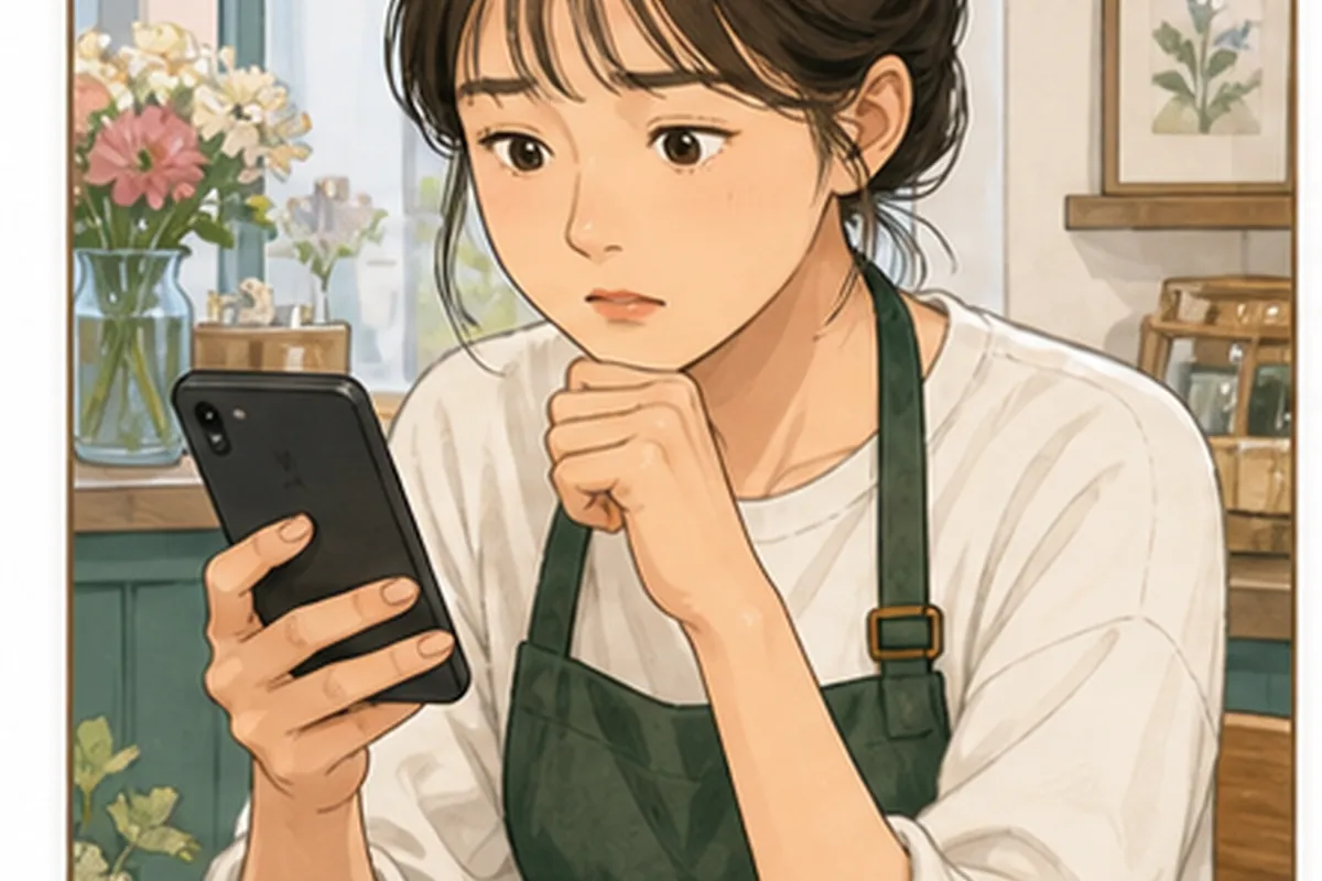 초록 앞치마를 입은 카페 운영자가 휴대전화를 보며 음악 선택 문제를 고민하는 일러스트