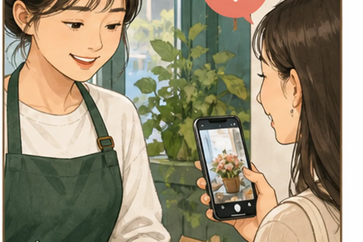 카페 운영자와 촬영자가 꽃 사진이 보이는 휴대전화를 함께 확인하는 일러스트