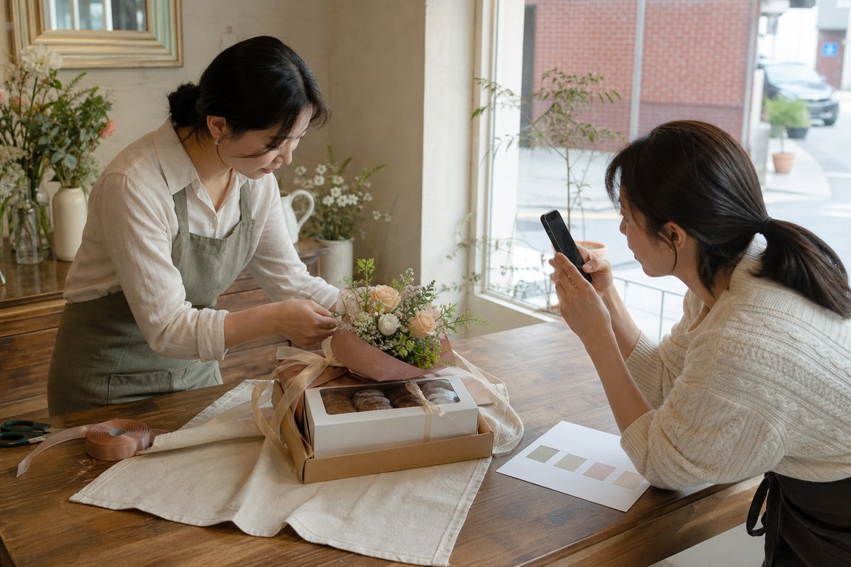 동네 카페와 꽃집의 두 운영자가 공동 상품을 촬영하고 원본 게시물의 사진 순서와 문의 계정을 함께 확인하는 장면
