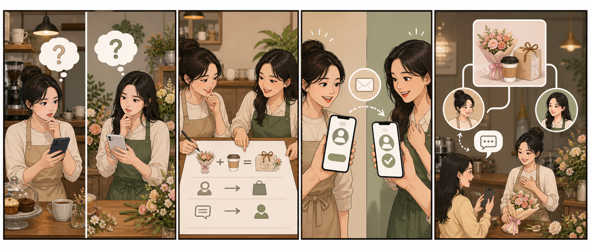 서로 따로 홍보하던 두 동네 가게가 목표와 담당을 합의한 뒤 하나의 공동 작업자 게시물을 함께 운영하는 4컷 만화