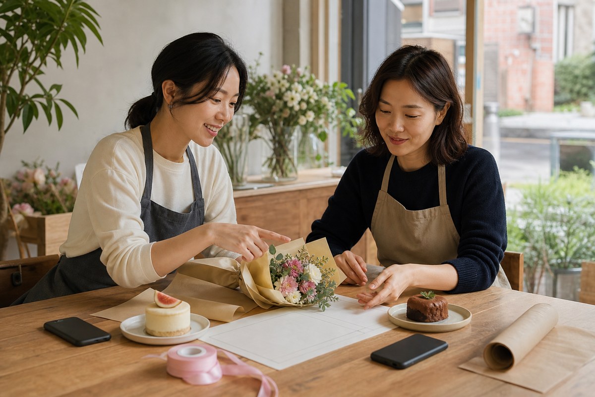 한국의 동네 카페 사장과 꽃집 사장이 함께 만든 선물 구성을 앞에 두고 인스타그램 공동 작업자 게시물 계획을 맞추는 장면
