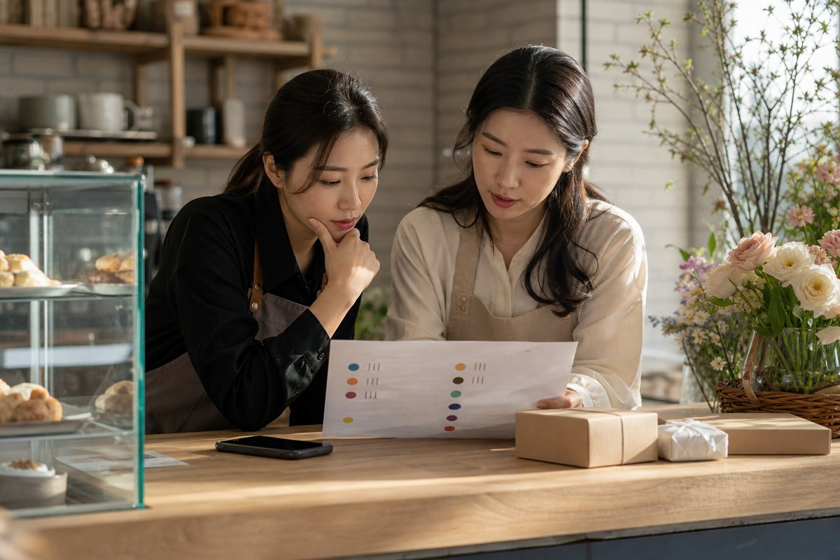 두 동네 가게 운영자가 공동 작업자 게시물 이후 문의와 예약 결과를 한 장의 운영 기록으로 함께 검토하는 장면