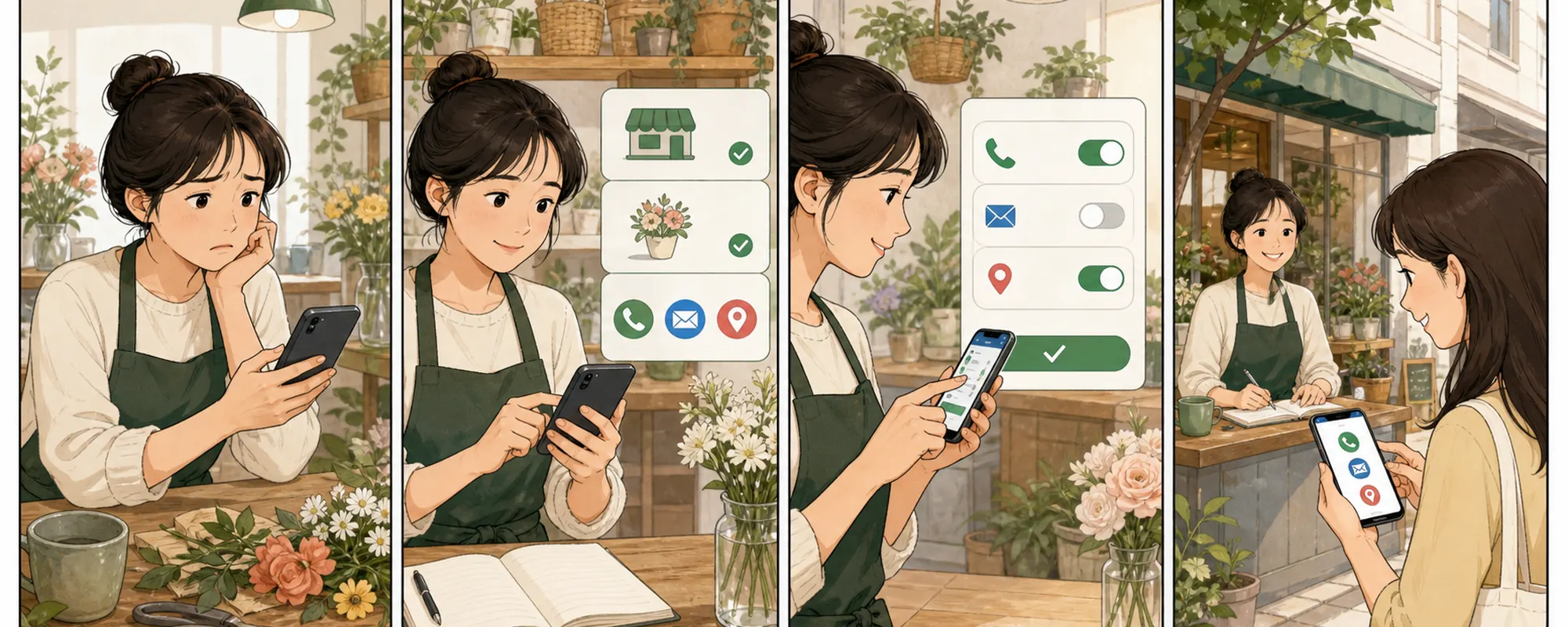 인스타그램 연락처 버튼 때문에 막막해하던 동네 가게 사장님이 현재 상태를 확인하고 한 항목을 수정한 뒤 고객 반응을 기록하는 4컷 일러스트