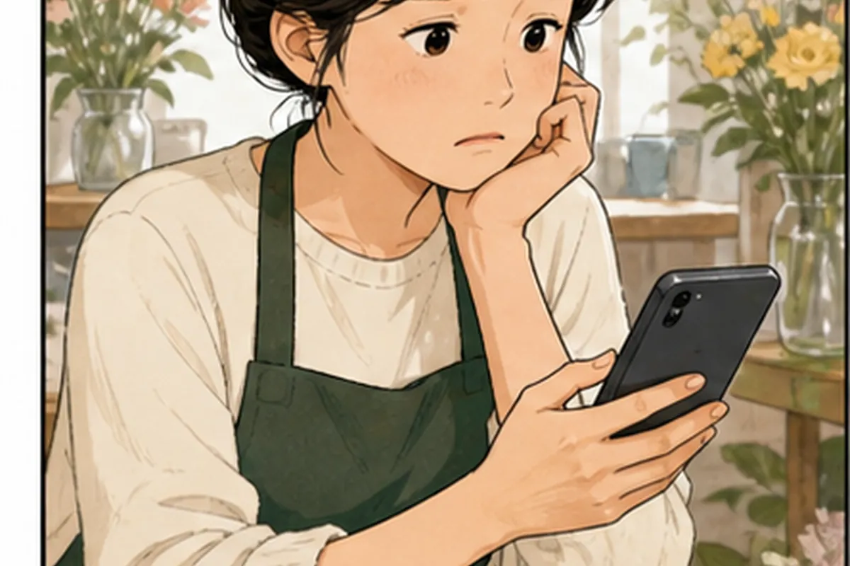 한국의 작은 매장 사장님이 인스타그램 연락처 버튼 관련 고객 화면과 운영 메모를 나란히 놓고 현재 상태를 확인하는 일러스트