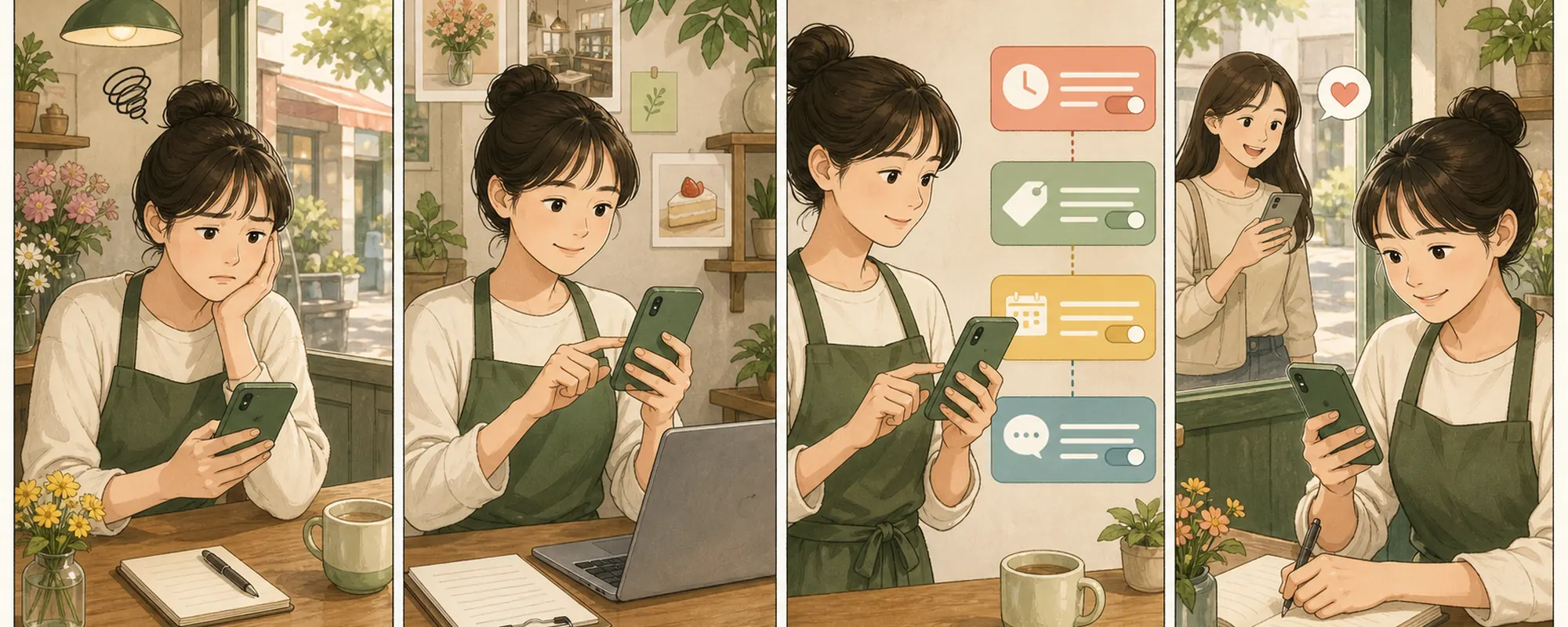 인스타그램 dm 자동답변 때문에 막막해하던 동네 가게 사장님이 현재 상태를 확인하고 한 항목을 수정한 뒤 고객 반응을 기록하는 4컷 일러스트