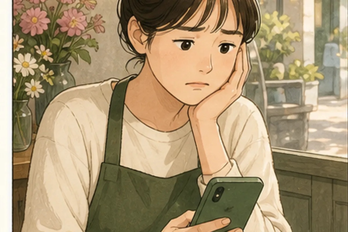 한국의 작은 매장 사장님이 인스타그램 dm 자동답변 관련 고객 화면과 운영 메모를 나란히 놓고 현재 상태를 확인하는 일러스트