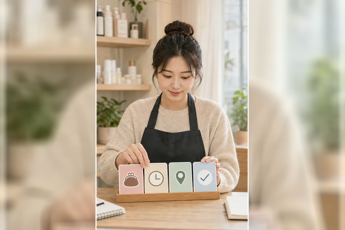 사장님이 가격, 시간, 위치, 다음 행동 아이콘 카드로 DM 답장 구조를 정리하는 장면