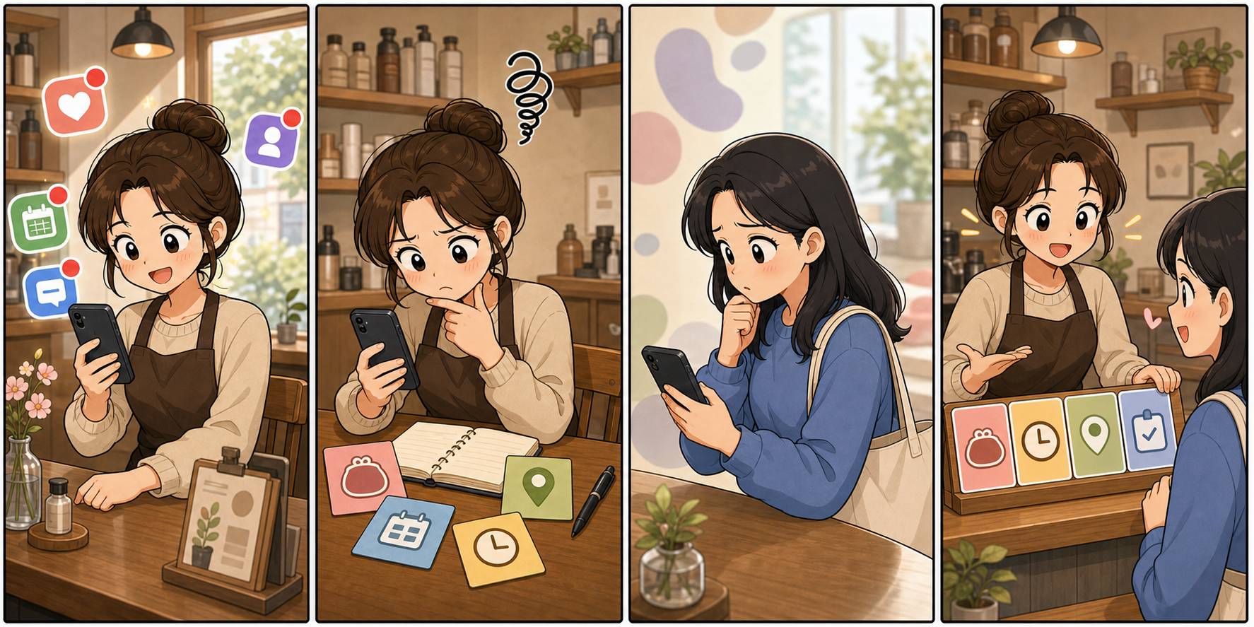 인스타그램 DM 문의가 가격, 예약, 위치 질문으로 섞여 들어오자 사장님이 답장 구조를 정리하는 4컷 만화