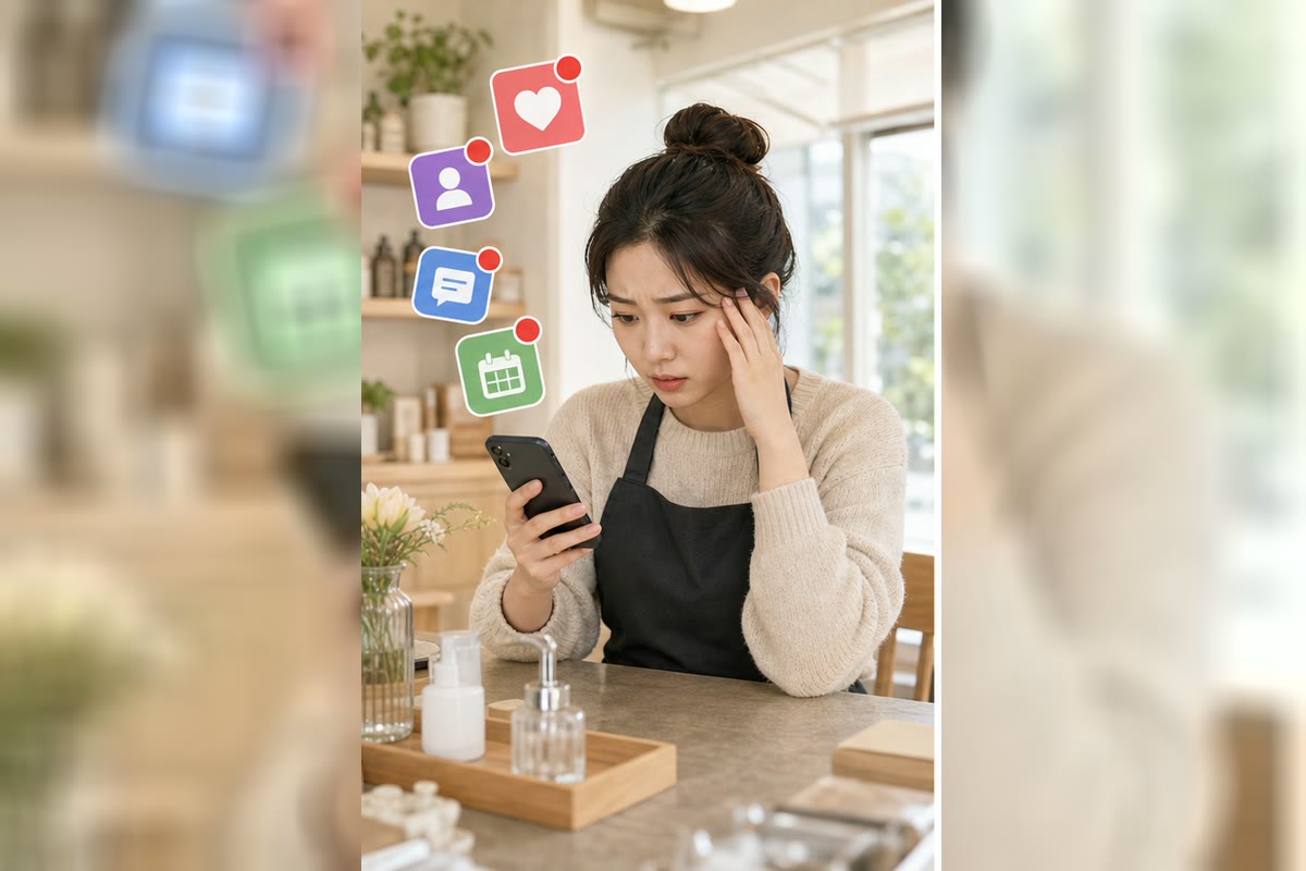 사장님이 인스타그램 DM 문의와 여러 알림을 보며 답장 순서를 고민하는 장면