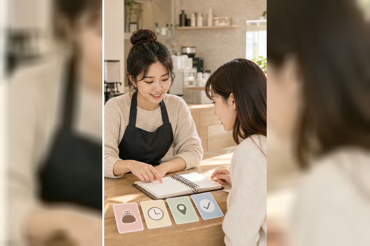 사장님과 손님이 예약 노트와 안내 카드를 보며 DM 문의 내용을 확인하는 장면