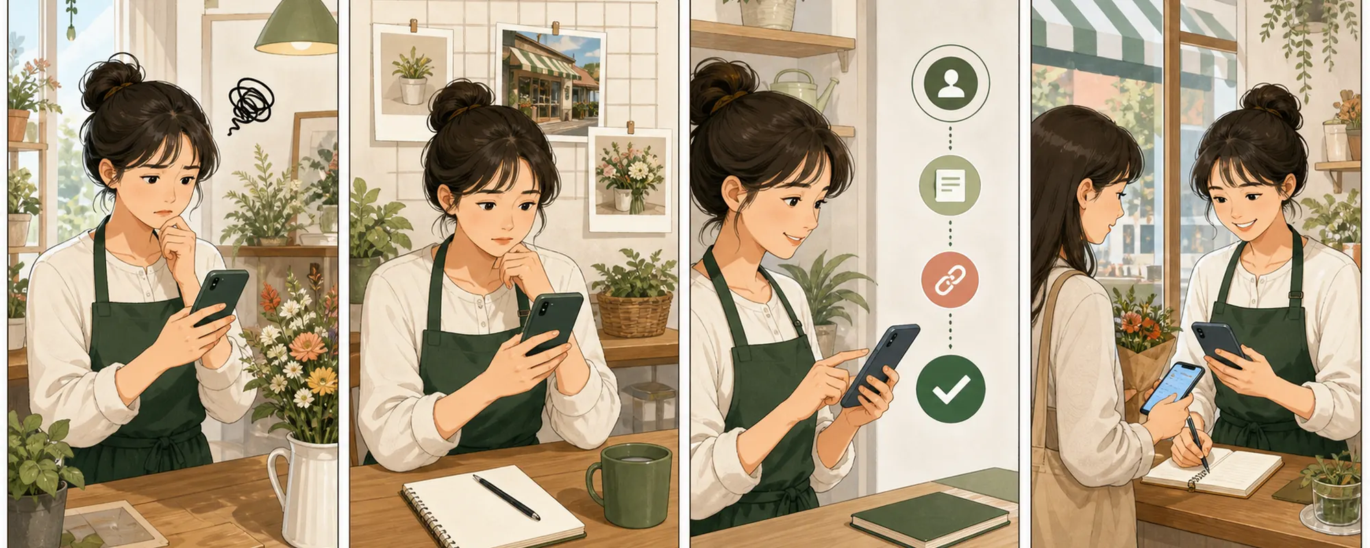 인스타그램 페이스북 페이지 연결 때문에 막막해하던 동네 가게 사장님이 현재 상태를 확인하고 한 항목을 수정한 뒤 고객 반응을 기록하는 4컷 일러스트