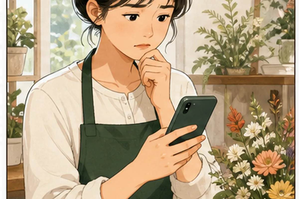 한국의 작은 매장 사장님이 인스타그램 페이스북 페이지 연결 관련 고객 화면과 운영 메모를 나란히 놓고 현재 상태를 확인하는 일러스트